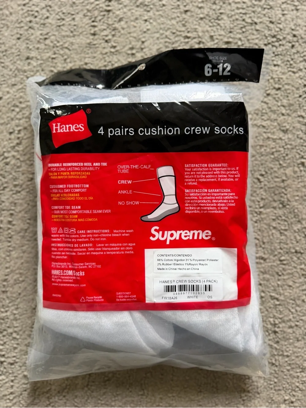 Hanes White Crew Socks with Red Supreme Logo - Pack of 4
